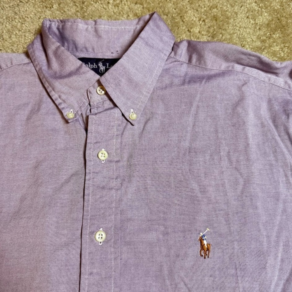 VTG Ralph Lauren Yarmouth Oxford Shirt Mens 17 34 35 Purple Colorful Pony Logo